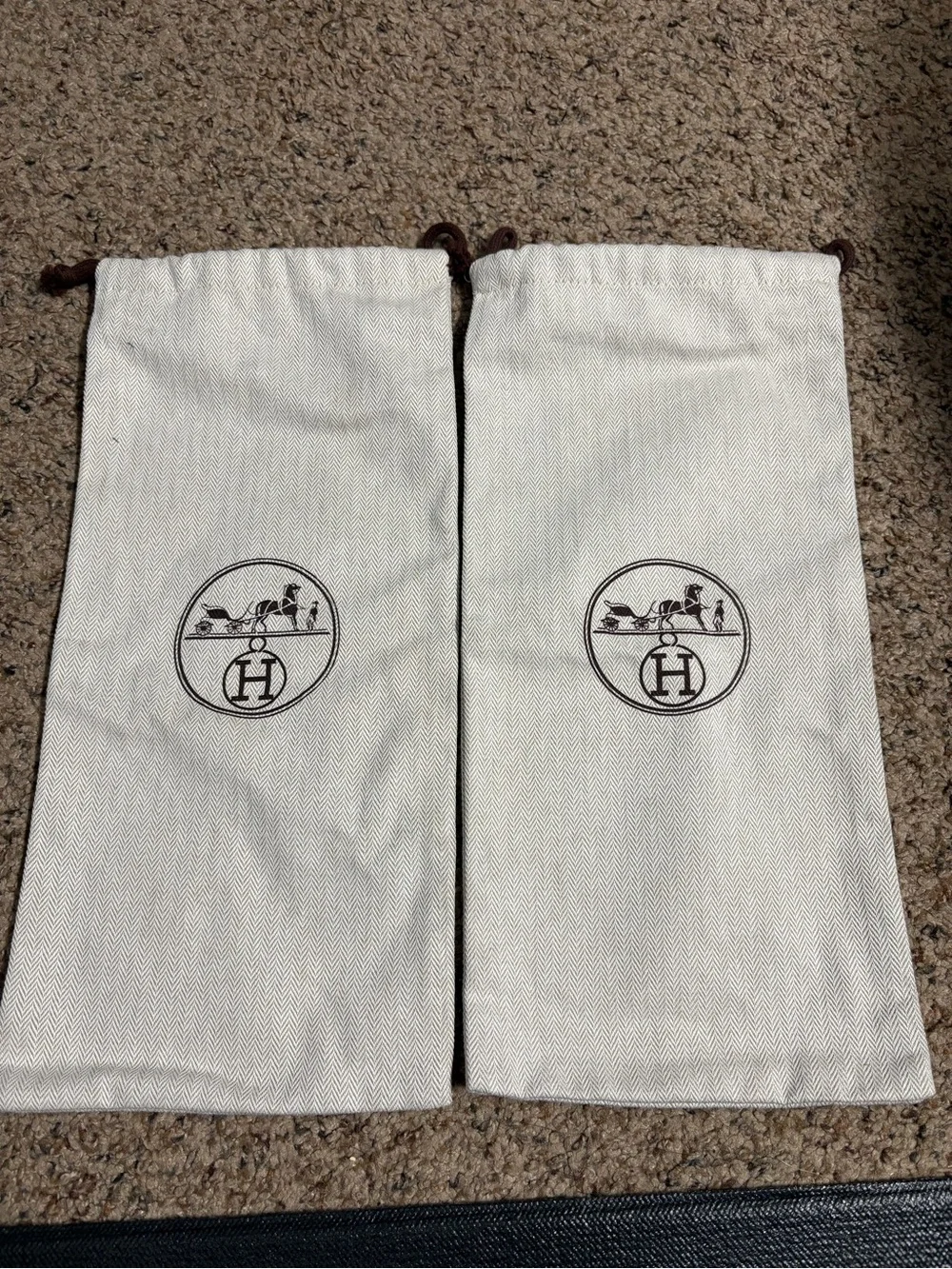 Hermes Cream Drawstring Dust Bag Pair with Brown Logo